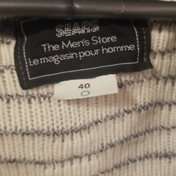 Vintage Sears Mens Wool Blend Cream & Gray Grandpa Cardigan Sweater Cobain Style - Picture 3 of 3